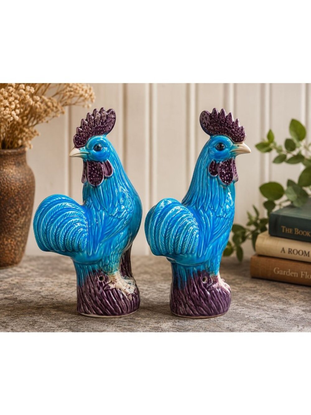 Vintage Turquoise Rooster Figurine Pair MTC Taiwan | Aubergine Glazed Chinoiseri
